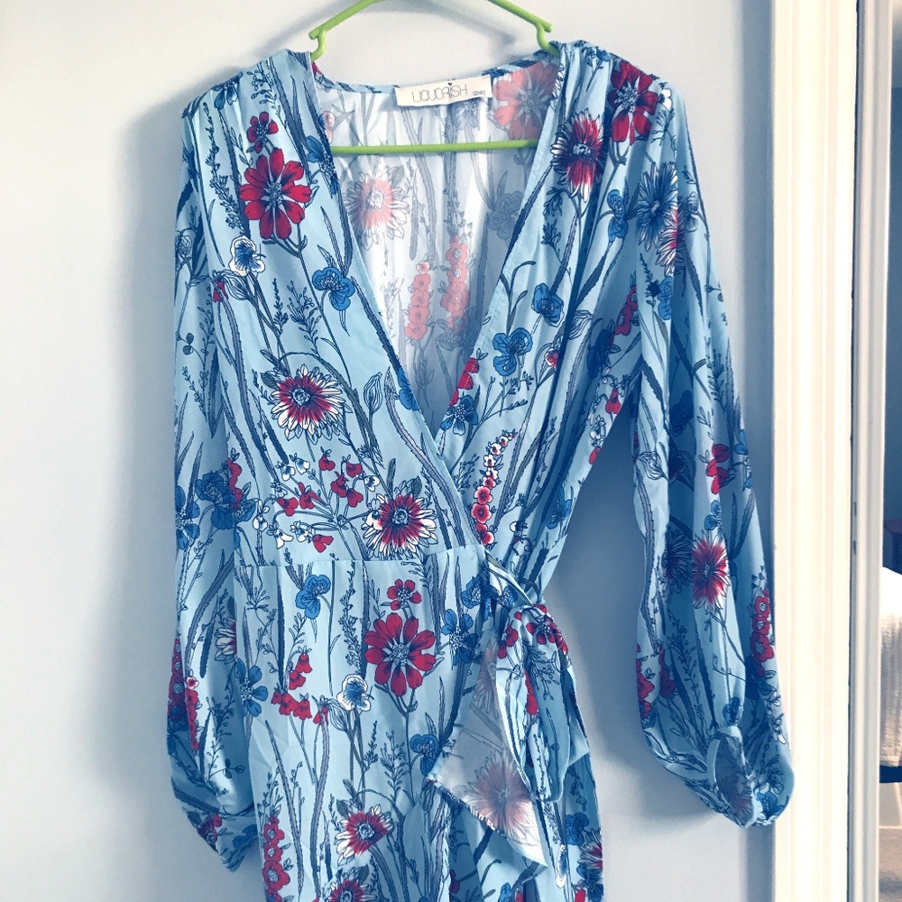 Flower Print Baby Blue Wrap Dress